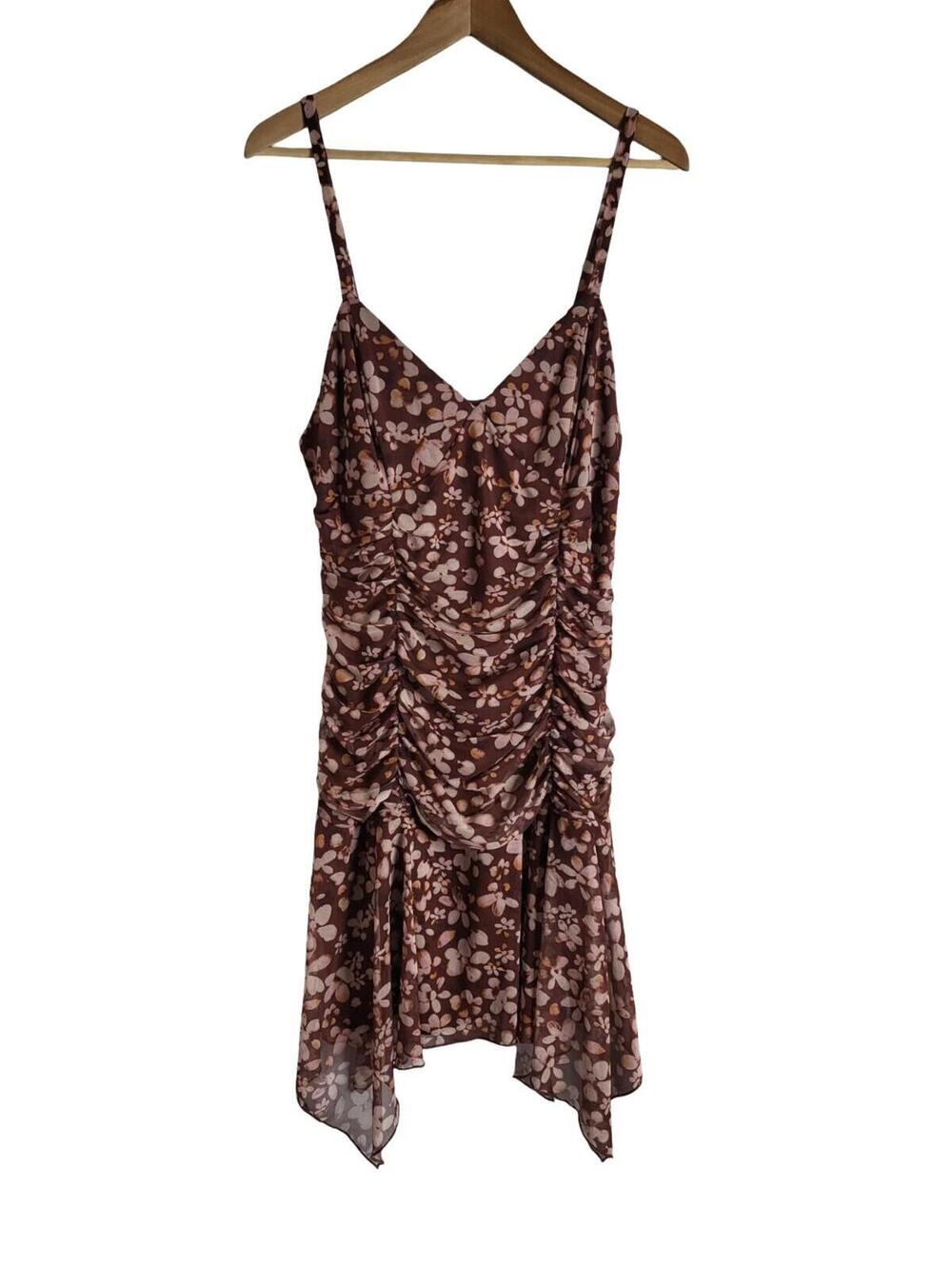 Wild Fable Brown Floral Sleeveless Ruched Handkerchief Hem Dress Size XL